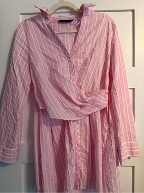 Zara Pink and White Striped Shirt Dress